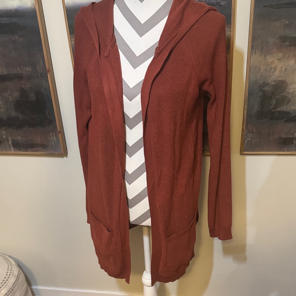 Cyrus Women's Orange/Brown Open Front Cardigan Sweater with Hood Size Medium